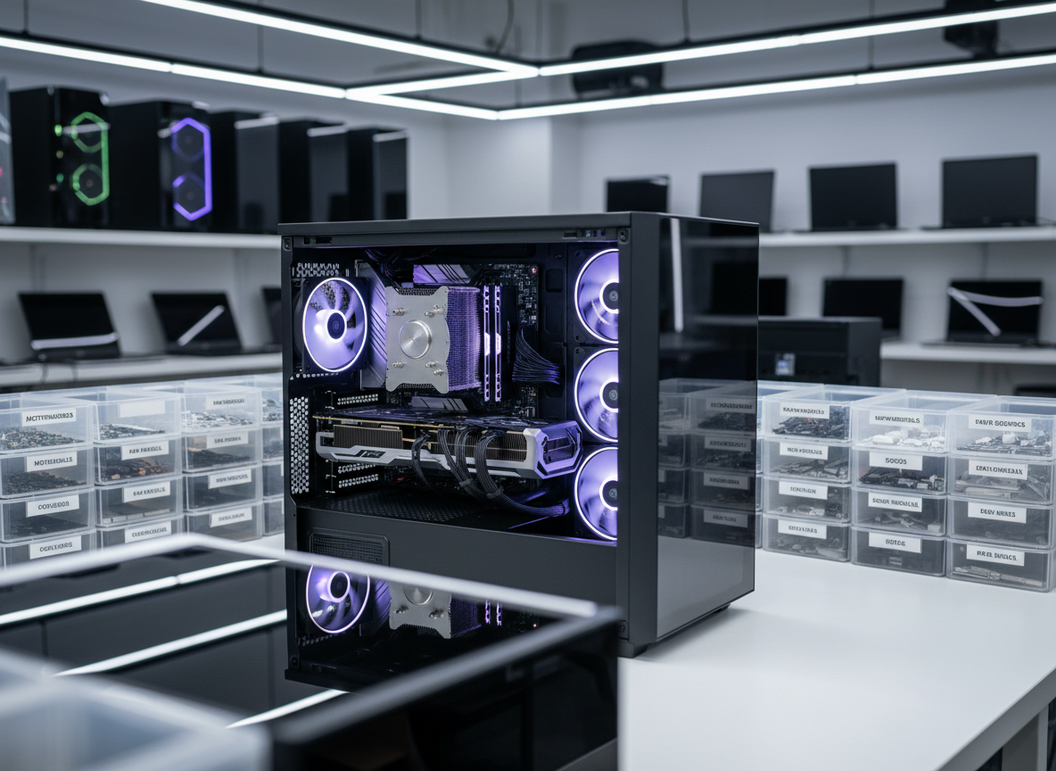A modern computer repair and sales workspace featuring a sleek black mid-tower PC case open on a clean white workbench, its neatly managed cables, RGB-lit fans, and high-end graphics card clearly visible. Around it, labeled plastic bins contain motherboards, RAM sticks, SSDs, and power supplies, all arranged with meticulous order. Cool, even overhead LED lighting creates crisp reflections on metal heatsinks and tempered glass panels, casting soft shadows that emphasize depth. In the blurred background, rows of finished desktop systems and laptops rest on shelves. Photographic realism, eye-level composition with a slight angle, sharp focus on the open PC and gently blurred surroundings, conveying a professional, trustworthy, and technically precise atmosphere for a computer 3C business site.